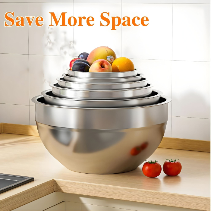 Set 6 Boluri pentru Mixare si Depozitare, Flippy, Inox Premium, Capace Ermetice, 3 Accesorii Razuire si Feliere, Interior Gradat, Design Nestable, Argintiu [7]