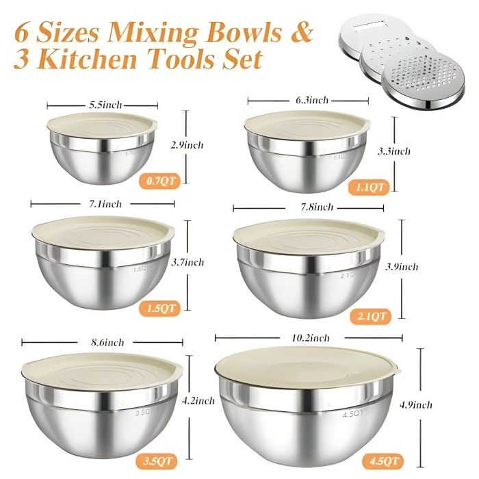 Set 6 Boluri pentru Mixare si Depozitare, Flippy, Inox Premium, Capace Ermetice, 3 Accesorii Razuire si Feliere, Interior Gradat, Design Nestable, Argintiu [2]