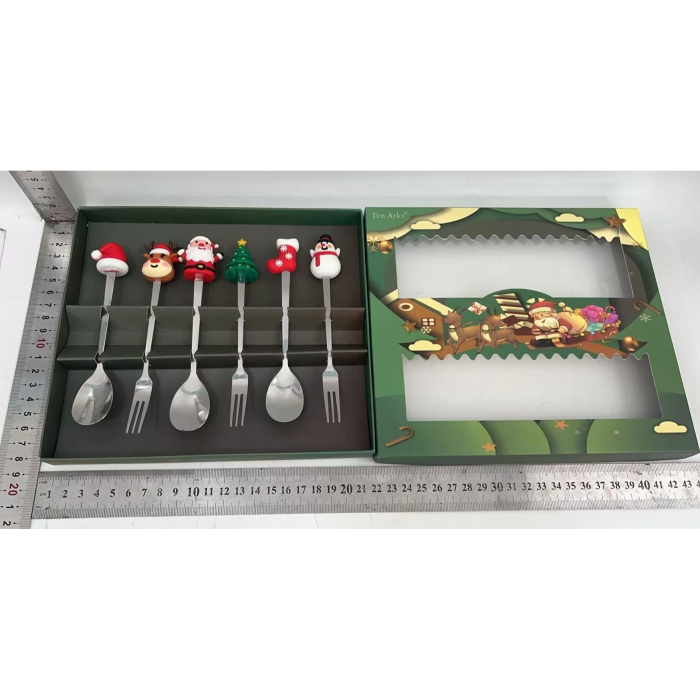 Set 6 Tacamuri, Flippy, Tema Craciun, 3 Linguri + 3 Furculite, cu Figurine, din Otel Inoxidabil, Cutie Cadou, 19 x 22 x 2.2 cm, Argintiu [2]