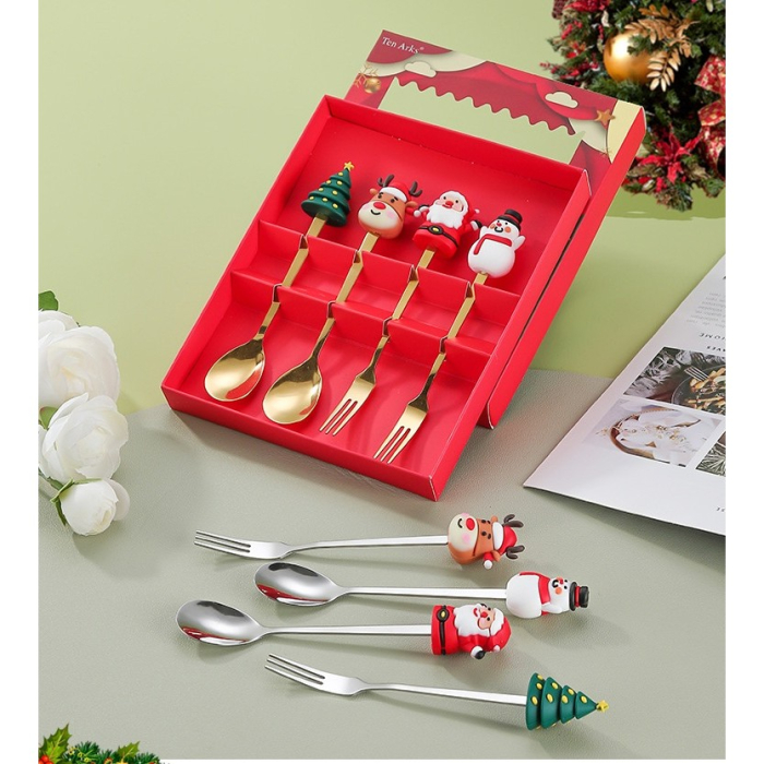 Set 6 Tacamuri, Flippy, Tema Craciun, 3 Linguri + 3 Furculite, cu Figurine, din Otel Inoxidabil, Cutie Cadou, 19 x 22 x 2.2 cm, Argintiu [3]
