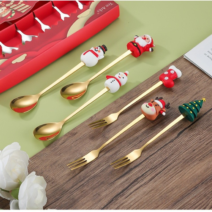 Set 6 Tacamuri, Flippy, Tema Craciun, 3 Linguri + 3 Furculite, cu Figurine, din Otel Inoxidabil, Cutie Cadou, 19 x 22 x 2.2 cm, Auriu [4]