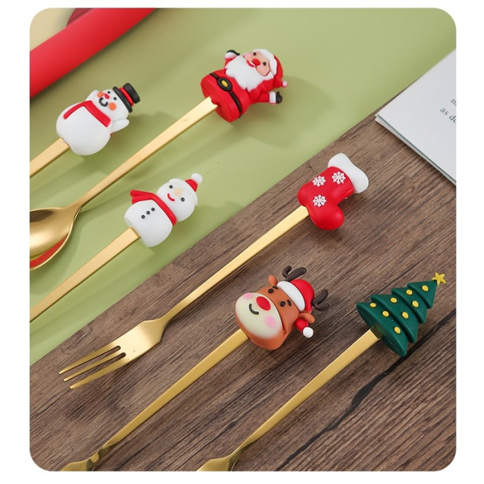 Set 6 Tacamuri, Flippy, Tema Craciun, 3 Linguri + 3 Furculite, cu Figurine, din Otel Inoxidabil, Cutie Cadou, 19 x 22 x 2.2 cm, Auriu [2]