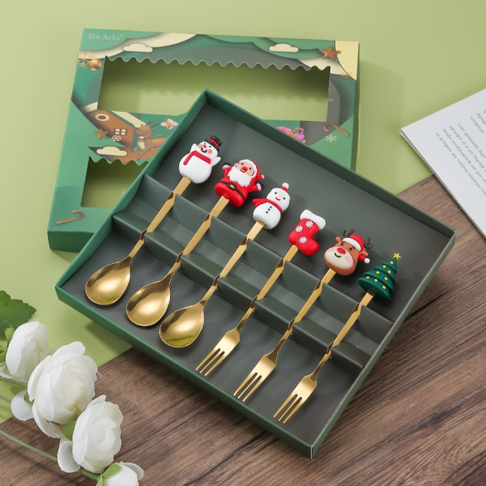Set 6 Tacamuri, Flippy, Tema Craciun, 3 Linguri + 3 Furculite, cu Figurine, din Otel Inoxidabil, Cutie Cadou, 19 x 22 x 2.2 cm, Auriu [3]