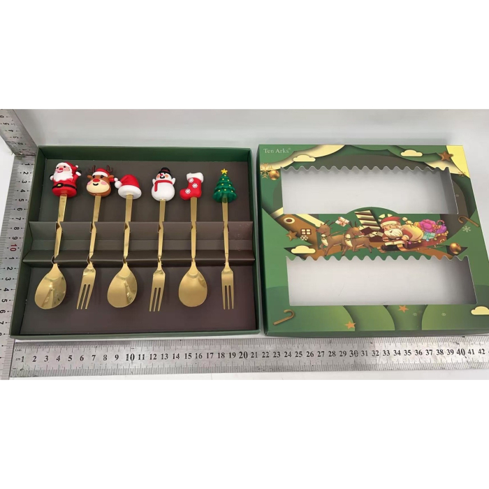 Set 6 Tacamuri, Flippy, Tema Craciun, 3 Linguri + 3 Furculite, cu Figurine, din Otel Inoxidabil, Cutie Cadou, 19 x 22 x 2.2 cm, Auriu [5]
