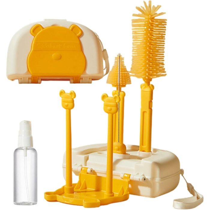 Set 7 Piese de Spalat/Uscat Biberoane, Flippy, Portabil, Peri de Silicon, pentru Tetine, Suzete, Biberoane, Paie, Cutie Inclusa, 16 x 11 x 5 cm, Model Ursulet, Galben [1]