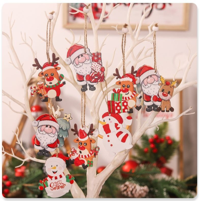 Set 9 Decoratiuni de Craciun din Lemn, Flippy, cu Snur pentru Agatare in Brad, Model Oameni de Zapada, 3 Modele, Diferite Dimensiuni, Multicolor [2]