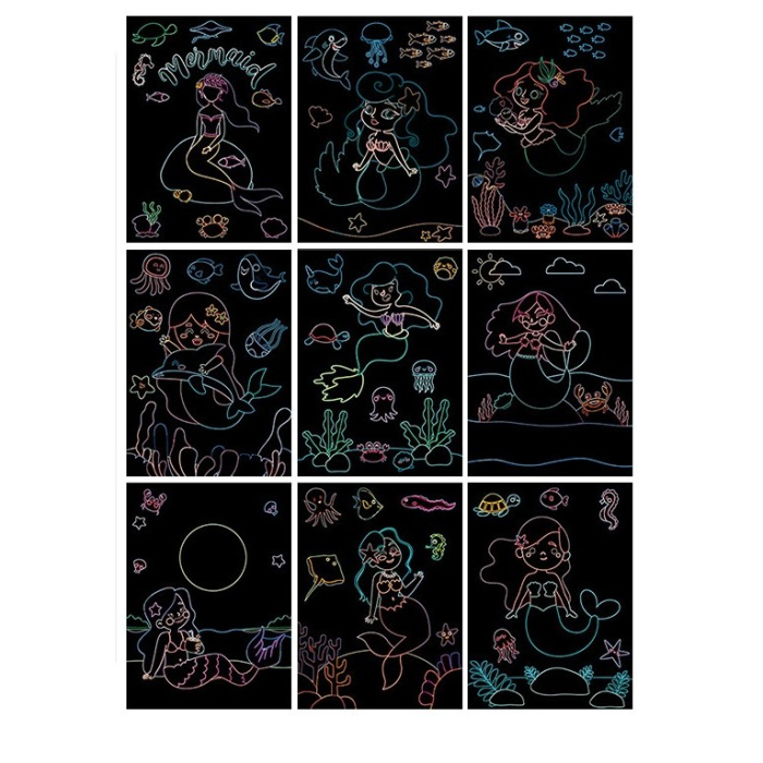 Set 9 Planse Razuibile, Flippy, Scratch ArtCards, +3 Ani, de Razuit si de Colorat, 19 x 14 cm, Model Sirene, Multicolor [3]