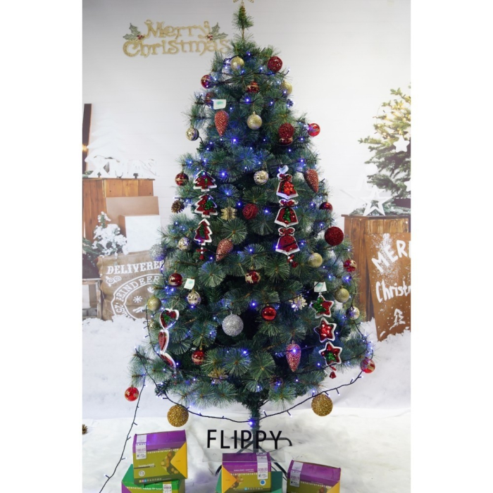 Set brad artificial de Craciun si elemente decorative, Becuri led incluse in ramuri, pentru interior/exterior, inaltime 180 cm, diametru 128 cm, 1246 ramuri, Flippy, verde, suport metalic inclus [2]