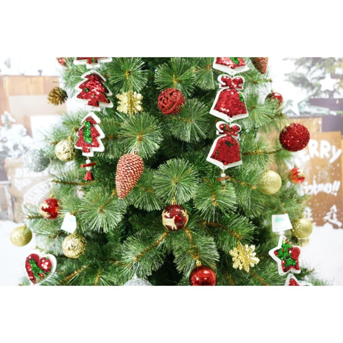 Set brad artificial de Craciun si elemente decorative, Becuri led incluse in ramuri, pentru interior/exterior, inaltime 180 cm, diametru 128 cm, 1246 ramuri, Flippy, verde, suport metalic inclus [6]