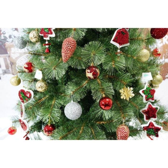 Set brad artificial de Craciun si elemente decorative, Becuri led incluse in ramuri, pentru interior/exterior, inaltime 180 cm, diametru 128 cm, 1246 ramuri, Flippy, verde, suport metalic inclus [4]