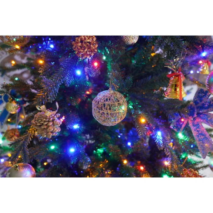 Set brad artificial de Craciun si elemente decorative, Becuri led incluse in ramuri, pentru interior/exterior, inaltime 180 cm, diametru 128 cm, 1246 ramuri, Flippy, verde, suport metalic inclus [6]