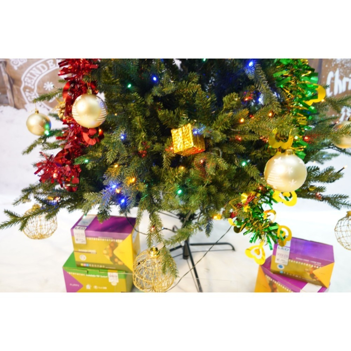 Set brad artificial de Craciun si elemente decorative, Becuri led incluse in ramuri, pentru interior/exterior, inaltime 180 cm, diametru 128 cm, 1246 ramuri, Flippy, verde, suport metalic inclus [5]