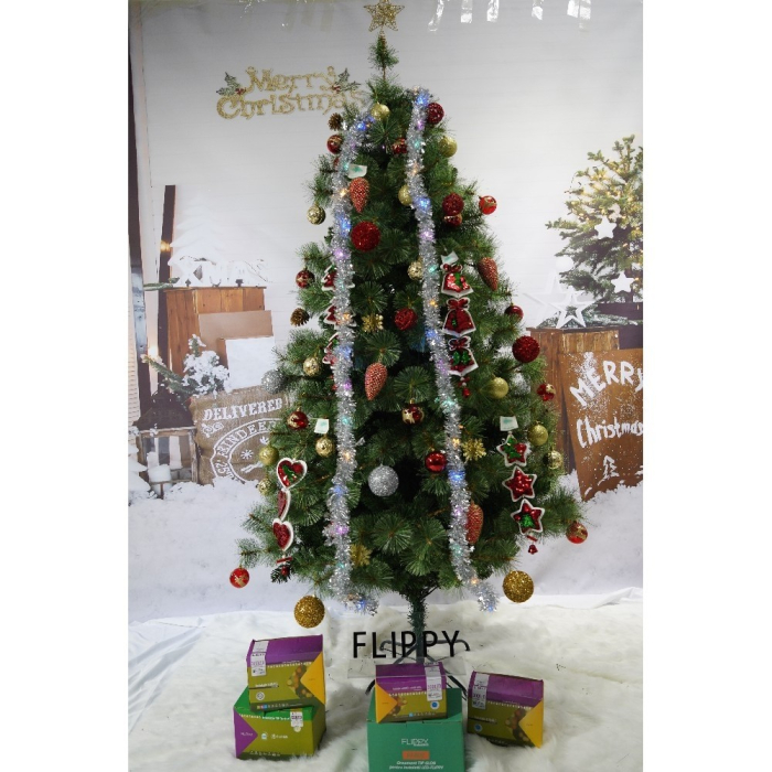 Set brad artificial de Craciun si elemente decorative, Becuri led incluse in ramuri, pentru interior/exterior, inaltime 180 cm, diametru 128 cm, 1246 ramuri, Flippy, verde, suport metalic inclus [2]