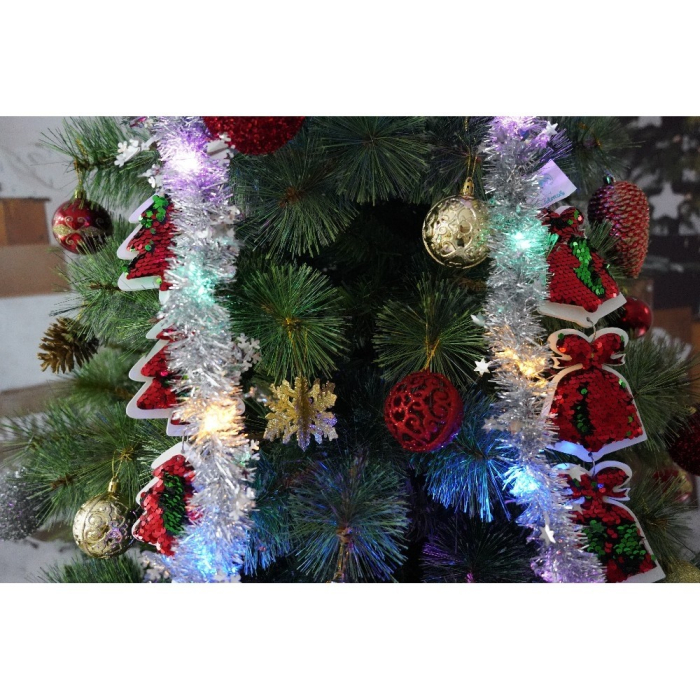 Set brad artificial de Craciun si elemente decorative, Becuri led incluse in ramuri, pentru interior/exterior, inaltime 180 cm, diametru 128 cm, 1246 ramuri, Flippy, verde, suport metalic inclus [6]