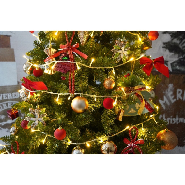 Set brad artificial de Craciun si elemente decorative, clasic, pentru interior/exterior, inaltime 210 cm, diametru 125 cm, 957 ramuri, Flippy, verde, suport metalic inclus [3]