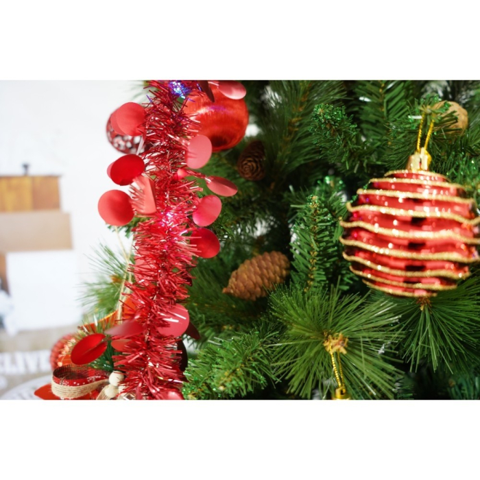 Set brad artificial de Craciun si elemente decorative, Decorat cu conuri de pin, pentru interior/exterior, inaltime 210 cm, diametru 114 cm, 1057 ramuri, Flippy, verde, suport metalic inclus [5]