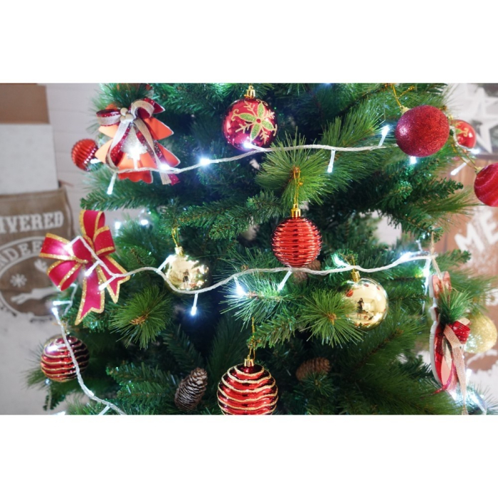 Set brad artificial de Craciun si elemente decorative, Decorat cu conuri de pin, pentru interior/exterior, inaltime 210 cm, diametru 114 cm, 1057 ramuri, Flippy, verde, suport metalic inclus [5]