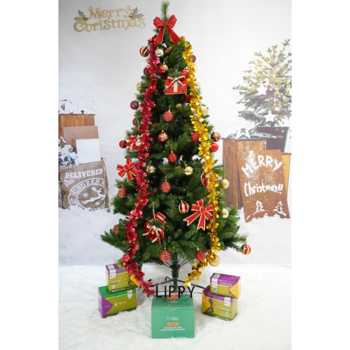 Set brad artificial de Craciun si elemente decorative, Decorat cu conuri de pin, pentru interior/exterior, inaltime 210 cm, diametru 114 cm, 1057 ramuri, Flippy, verde, suport metalic inclus [2]