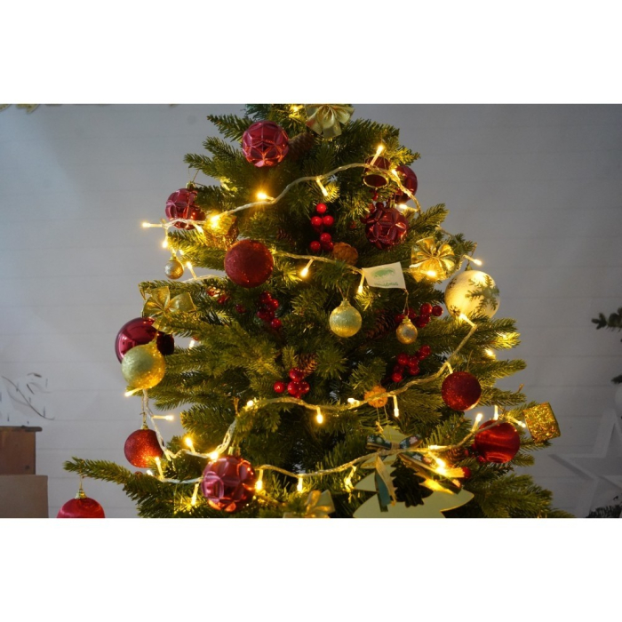 Set brad artificial de Craciun si elemente decorative, decorat cu conuri pin rosii, inaltime 210 cm, diametru 137 cm, 1172 ramuri, Flippy, verde, suport metalic inclus [6]