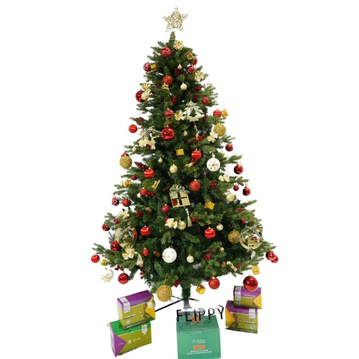 Set brad artificial de Craciun si elemente decorative, decorat cu conuri pin rosii, inaltime 210 cm, diametru 137 cm, 1172 ramuri, Flippy, verde, suport metalic inclus [1]
