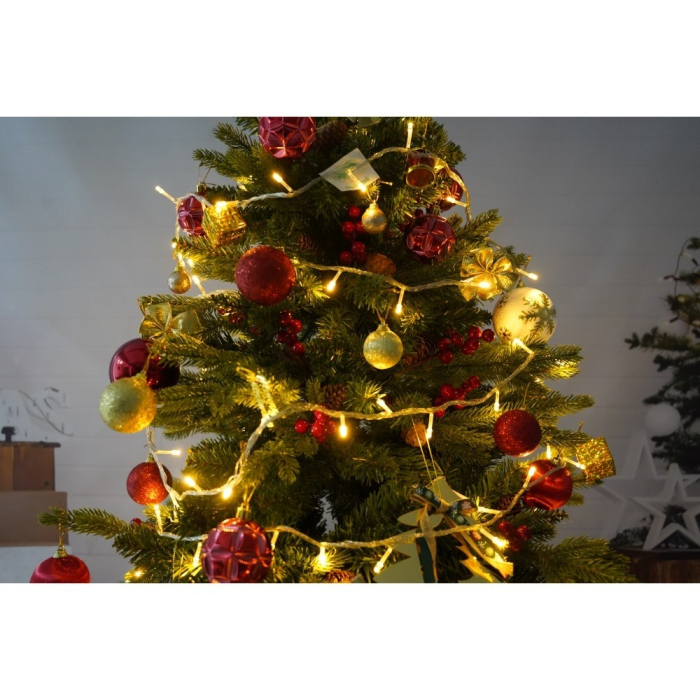 Set brad artificial de Craciun si elemente decorative, decorat cu conuri pin rosii, inaltime 210 cm, diametru 137 cm, 1172 ramuri, Flippy, verde, suport metalic inclus [4]