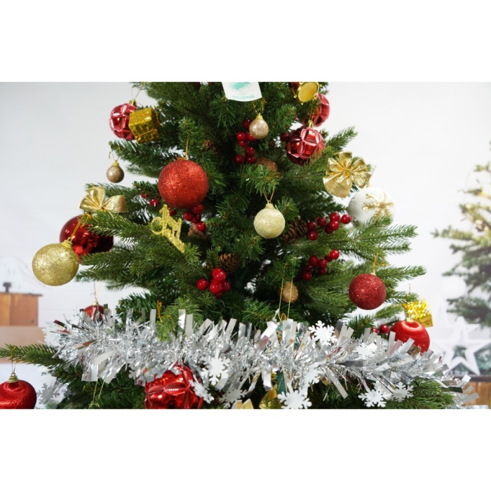 Set brad artificial de Craciun si elemente decorative, decorat cu conuri pin rosii, inaltime 210 cm, diametru 137 cm, 1172 ramuri, Flippy, verde, suport metalic inclus [3]