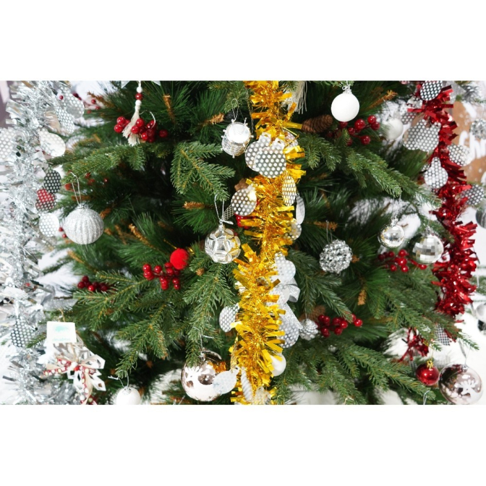 Set brad artificial de Craciun si elemente decorative, decorat cu conuri pin rosii, pentru interior/exterior, inaltime 210 cm, diametru 142 cm, 767 ramuri, Flippy, verde, suport metalic inclus [4]