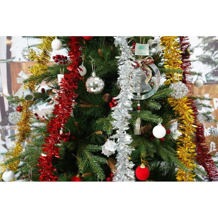 Set brad artificial de Craciun si elemente decorative, decorat cu conuri pin rosii, pentru interior/exterior, inaltime 210 cm, diametru 142 cm, 767 ramuri, Flippy, verde, suport metalic inclus [5]