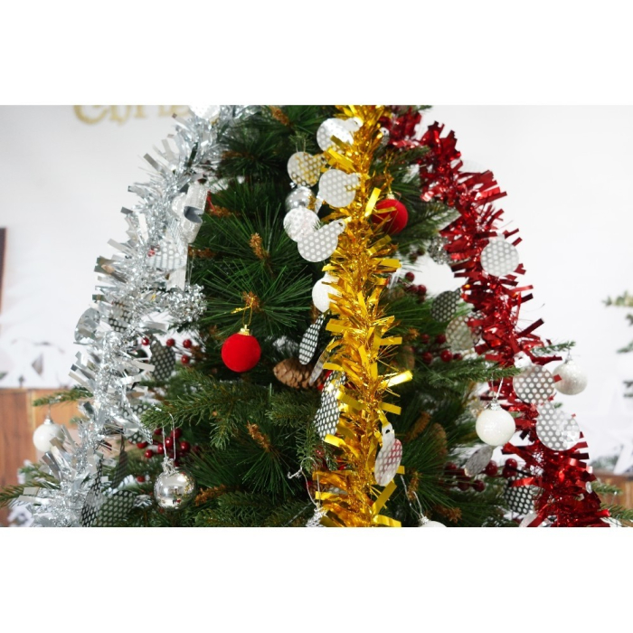 Set brad artificial de Craciun si elemente decorative, decorat cu conuri pin rosii, pentru interior/exterior, inaltime 210 cm, diametru 142 cm, 767 ramuri, Flippy, verde, suport metalic inclus [2]