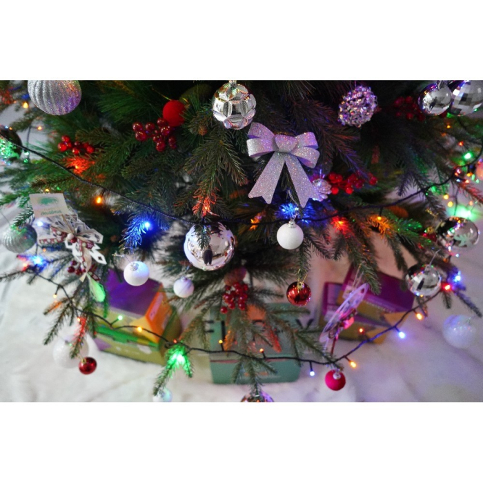 Set brad artificial de Craciun si elemente decorative, decorat cu conuri pin rosii, pentru interior/exterior, inaltime 210 cm, diametru 142 cm, 767 ramuri, Flippy, verde, suport metalic inclus [5]