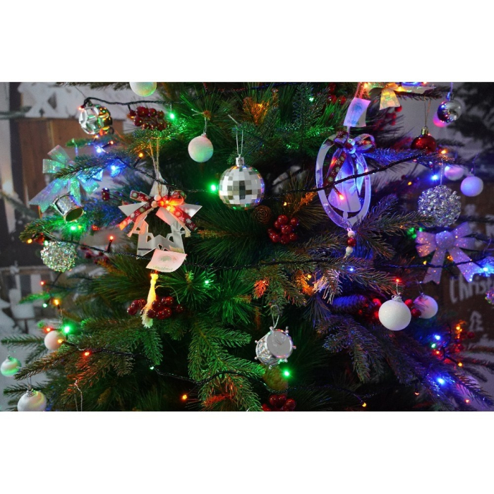 Set brad artificial de Craciun si elemente decorative, decorat cu conuri pin rosii, pentru interior/exterior, inaltime 210 cm, diametru 142 cm, 767 ramuri, Flippy, verde, suport metalic inclus [4]