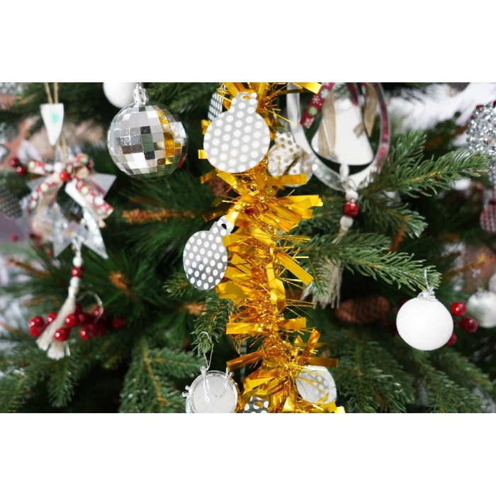 Set brad artificial de Craciun si elemente decorative, decorat cu conuri pin rosii, pentru interior/exterior, inaltime 210 cm, diametru 142 cm, 767 ramuri, Flippy, verde, suport metalic inclus [5]