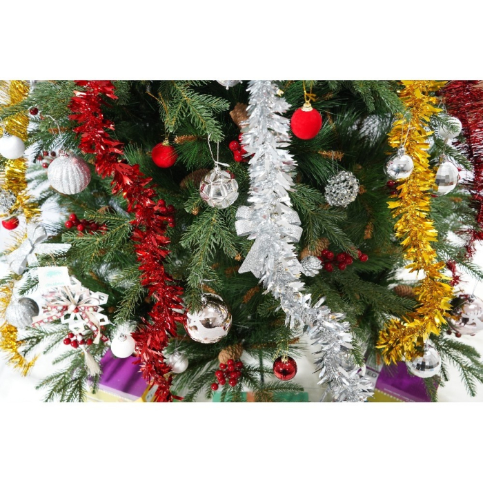 Set brad artificial de Craciun si elemente decorative, decorat cu conuri pin rosii, pentru interior/exterior, inaltime 210 cm, diametru 142 cm, 767 ramuri, Flippy, verde, suport metalic inclus [3]