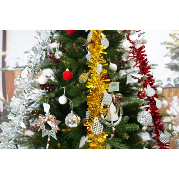 Set brad artificial de Craciun si elemente decorative, decorat cu conuri pin rosii, pentru interior/exterior, inaltime 210 cm, diametru 142 cm, 767 ramuri, Flippy, verde, suport metalic inclus [3]