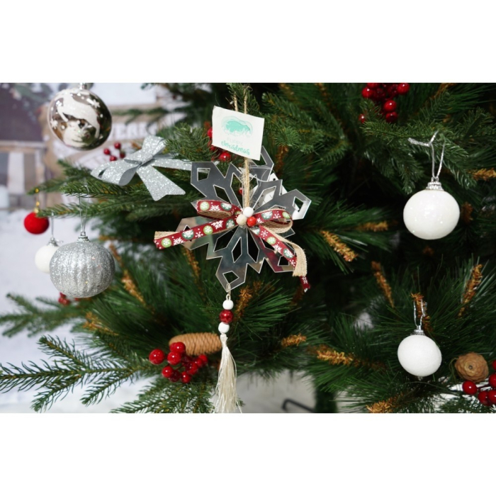 Set brad artificial de Craciun si elemente decorative, decorat cu conuri pin rosii, pentru interior/exterior, inaltime 210 cm, diametru 142 cm, 767 ramuri, Flippy, verde, suport metalic inclus [4]