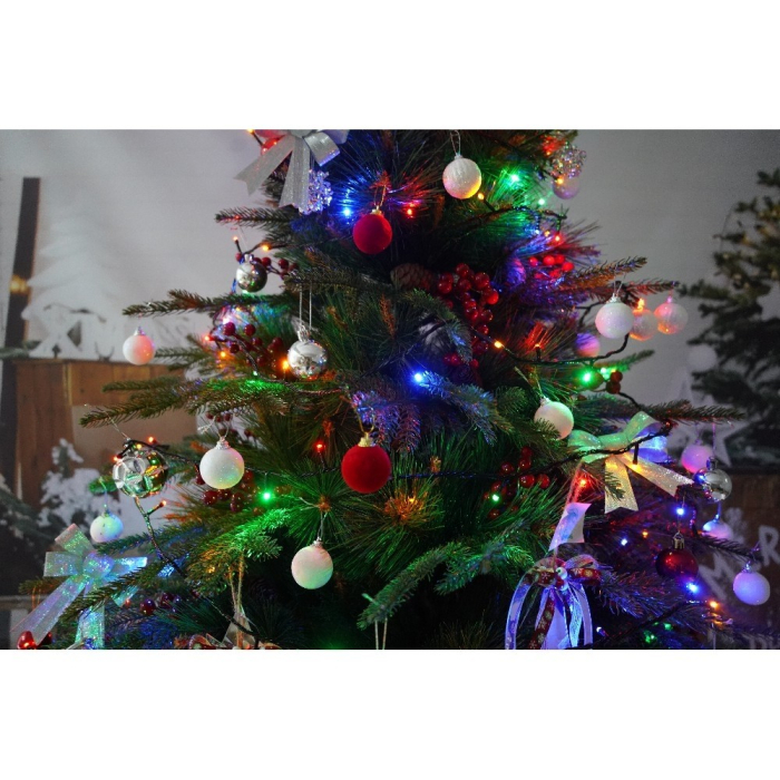 Set brad artificial de Craciun si elemente decorative, decorat cu conuri pin rosii, pentru interior/exterior, inaltime 210 cm, diametru 142 cm, 767 ramuri, Flippy, verde, suport metalic inclus [3]