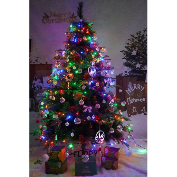 Set brad artificial de Craciun si elemente decorative, decorat cu conuri pin rosii, pentru interior/exterior, inaltime 210 cm, diametru 142 cm, 767 ramuri, Flippy, verde, suport metalic inclus [2]