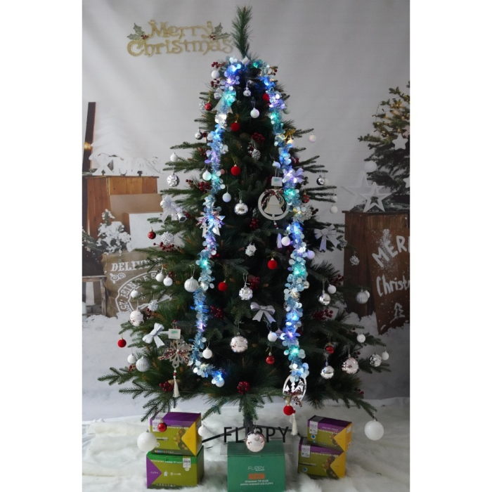 Set brad artificial de Craciun si elemente decorative, decorat cu conuri pin rosii, pentru interior/exterior, inaltime 210 cm, diametru 142 cm, 767 ramuri, Flippy, verde, suport metalic inclus [2]