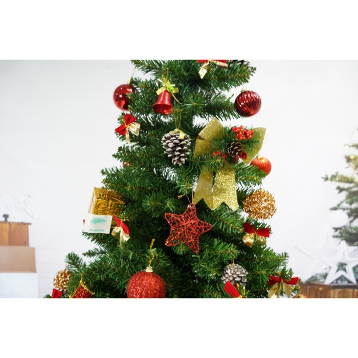 Set brad artificial de Craciun si elemente decorative, nins, decorat cu conuri pin, pentru interior/exterior, inaltime 210 cm, diametru 131 cm, 630 ramuri, Flippy, alb/verde, suport metalic inclus [4]