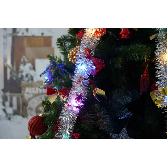 Set brad artificial de Craciun si elemente decorative, nins, decorat cu conuri pin, pentru interior/exterior, inaltime 210 cm, diametru 131 cm, 630 ramuri, Flippy, alb/verde, suport metalic inclus [6]