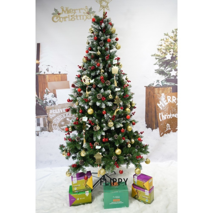 Set brad artificial de Craciun si elemente decorative, nins, decorat cu conuri pin rosii, inaltime 210 cm, diametru 106 cm, 643 ramuri, Flippy, verde, suport metalic inclus [2]