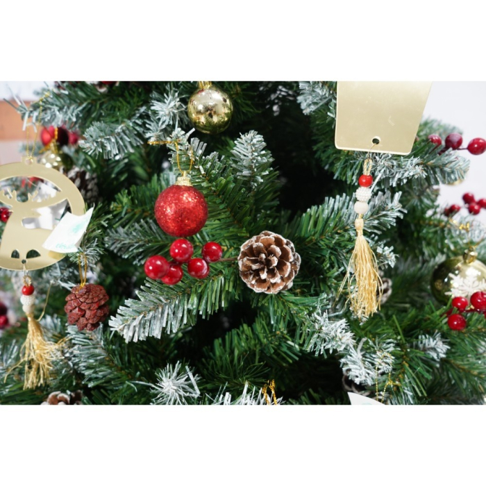 Set brad artificial de Craciun si elemente decorative, nins, decorat cu conuri pin rosii, inaltime 210 cm, diametru 106 cm, 643 ramuri, Flippy, verde, suport metalic inclus [6]