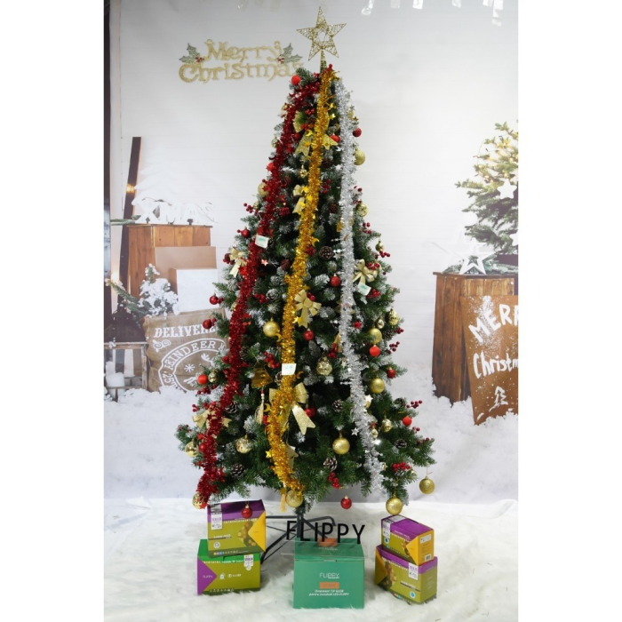 Set brad artificial de Craciun si elemente decorative, nins, decorat cu conuri pin rosii, inaltime 210 cm, diametru 106 cm, 643 ramuri, Flippy, verde, suport metalic inclus [2]