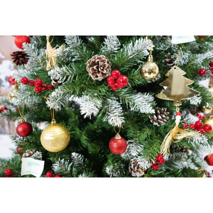 Set brad artificial de Craciun si elemente decorative, nins, decorat cu conuri pin rosii, inaltime 210 cm, diametru 106 cm, 643 ramuri, Flippy, verde, suport metalic inclus [5]