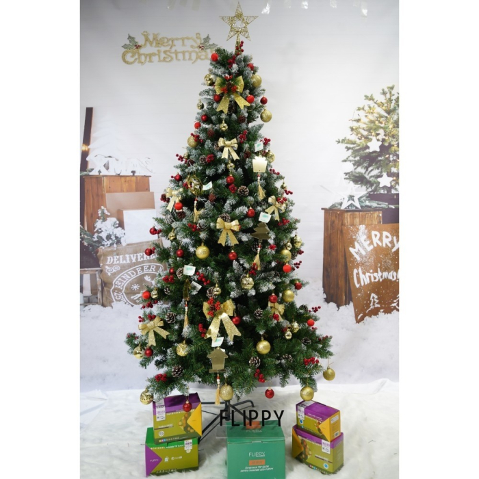 Set brad artificial de Craciun si elemente decorative, nins, decorat cu conuri pin rosii, inaltime 210 cm, diametru 106 cm, 643 ramuri, Flippy, verde, suport metalic inclus [2]