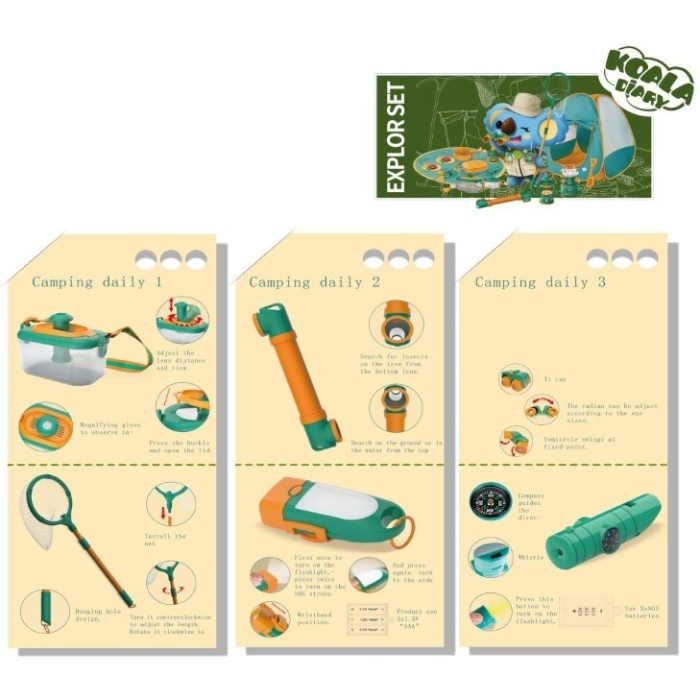 Set camping micutul explorator pentru exterior, 3 accesorii vestimentare, 9 ustensile de joaca, 8 carti educative cu insecte, +3 ani, multicolor [4]