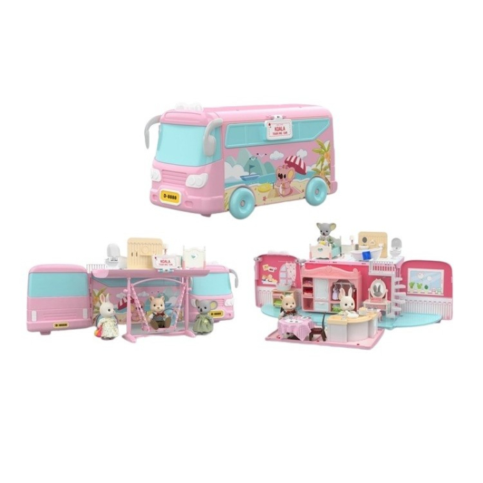 Set casa de papusi tip van, 2 in 1 autobuz si casa, 43 accesorii si mobilier, +3 ani, roz [2]