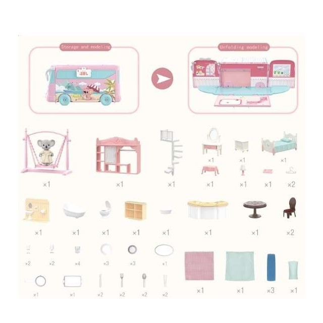 Set casa de papusi tip van, 2 in 1 autobuz si casa, 43 accesorii si mobilier, +3 ani, roz [5]