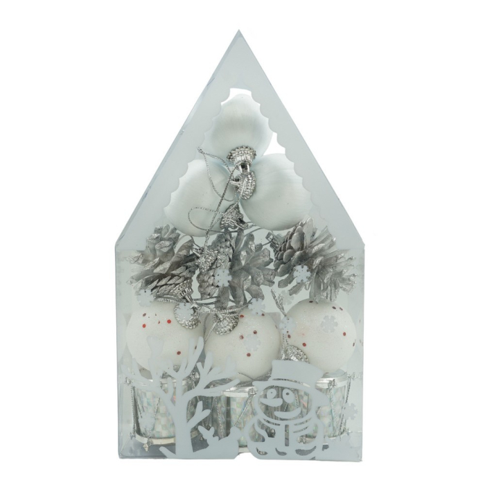 Set de 12 ornamente de brad, Flippy, de tip Glob, Alb/ Argintiu, din polistiren, cu finisaj sclipitor , cutie  4  cm adancime x 20  cm inaltime x 12  cm lungime) [1]