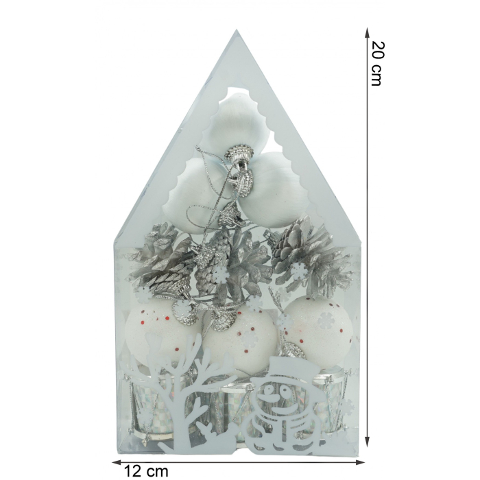 Set de 12 ornamente de brad, Flippy, de tip Glob, Alb/ Argintiu, din polistiren, cu finisaj sclipitor , cutie  4  cm adancime x 20  cm inaltime x 12  cm lungime) [6]